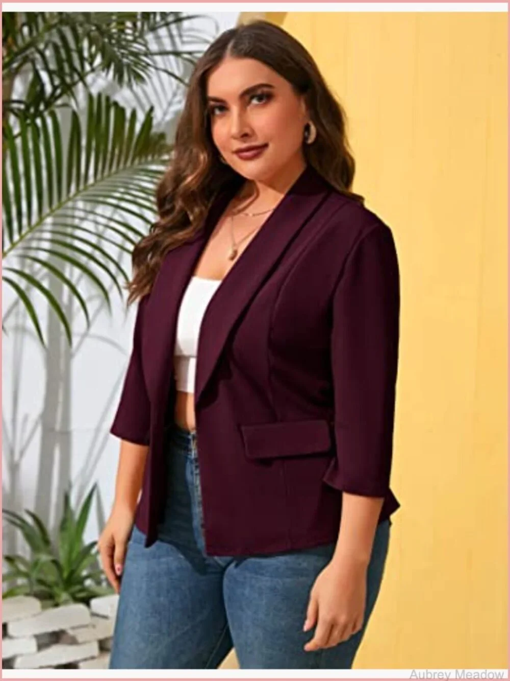 Plus Size Pocketed Blazer 3/4 Sleeve Open Front Casual Suit Jacket